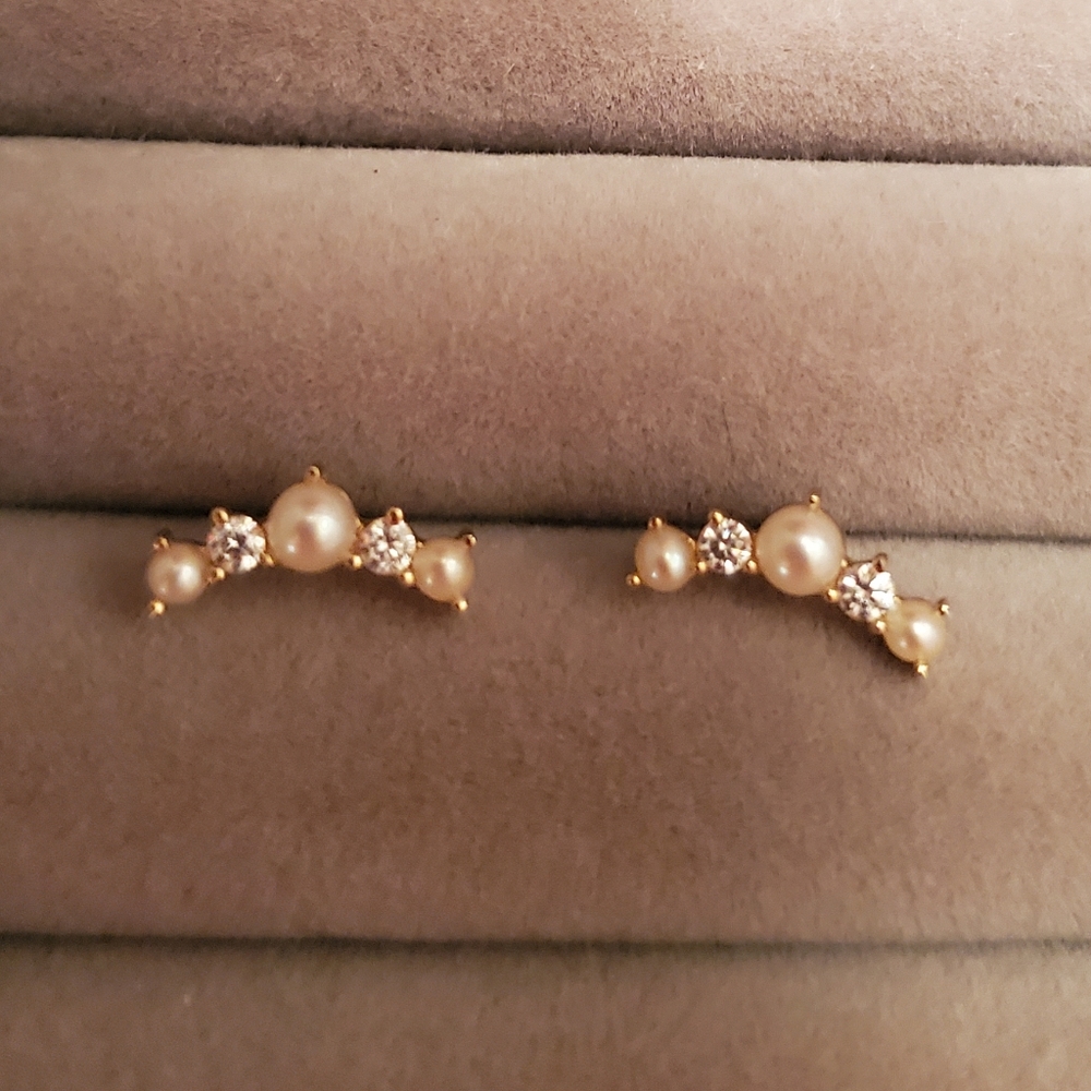 Solid 14k pearl and diamond bar earrings. Dainty and beautiful.